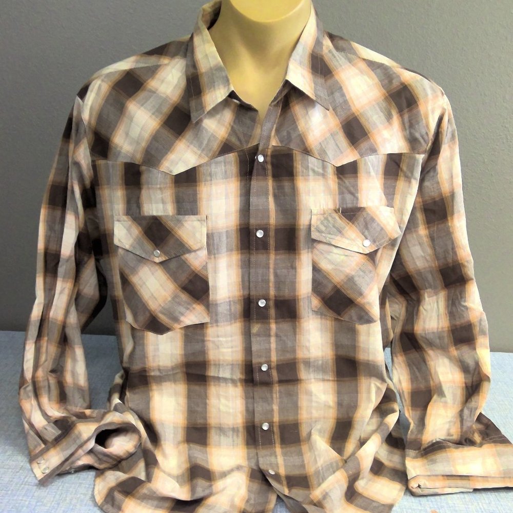 Real Work Wear Western Pearl Snap Long Sleeve Shirt Tan Plaid Men's 3XL